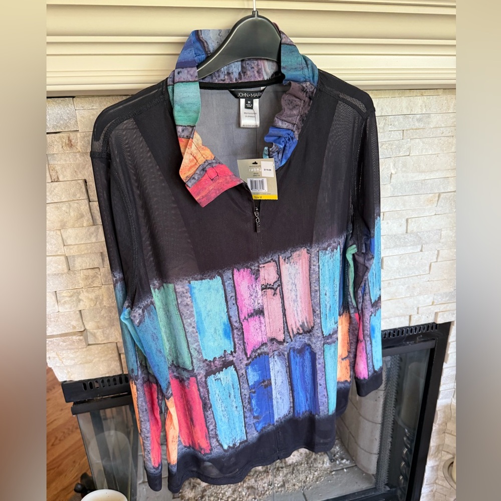 John Mark Kaleidoscope Zip Front Jacket Top Sheer and Lightweight NWT S Black